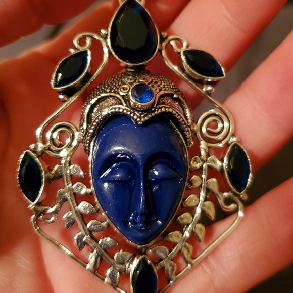 New Carved Blue Goddess Face Blue Topaz 925 Silver Pendant. - Picture 2 of 9